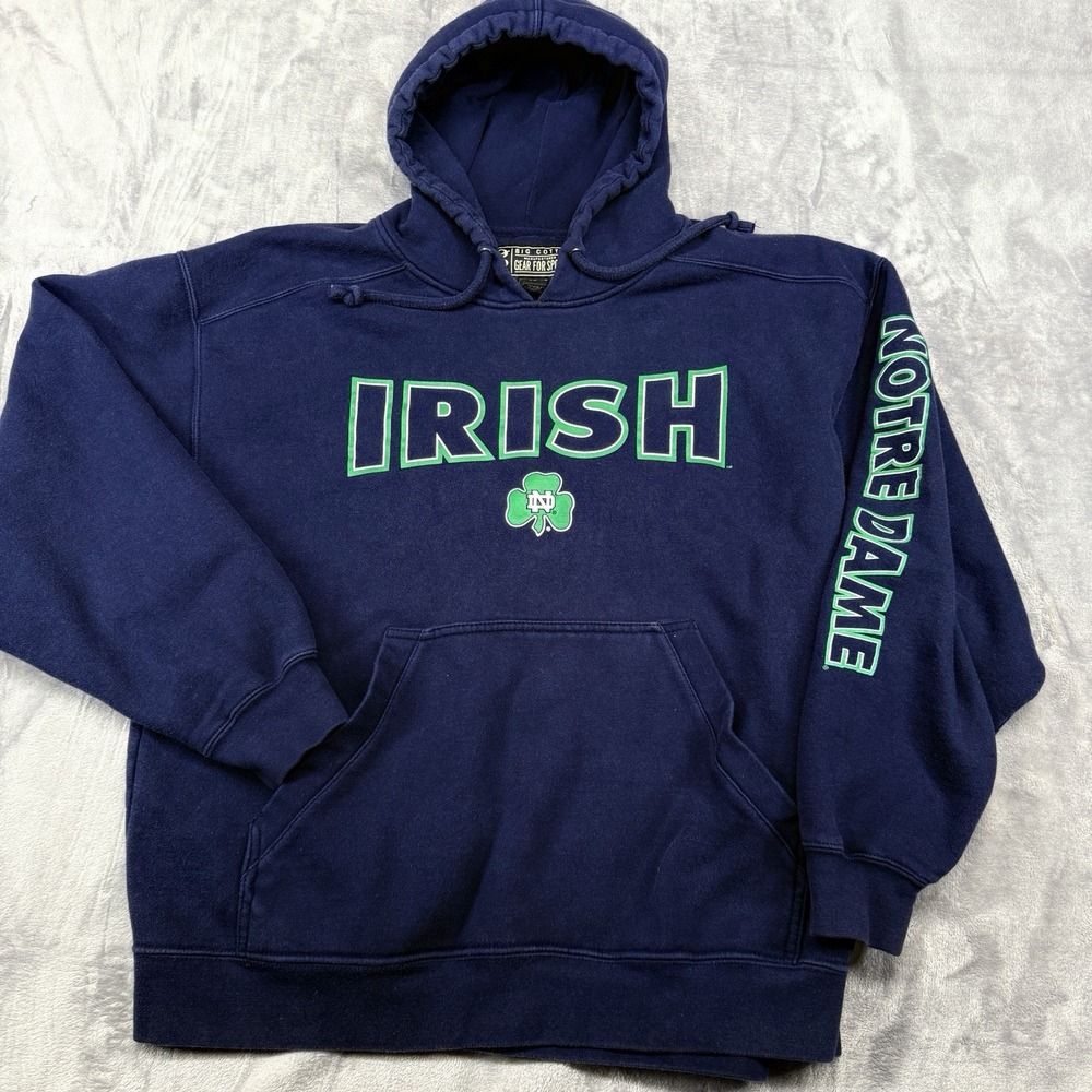 Notre Dame Hoodie Men's L Gear For Sports Big Cotton Navy Blue Irish Sleeve Logo